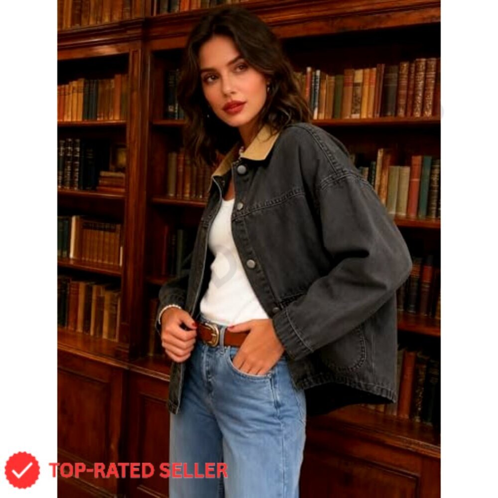 Oversized Denim Barn Jacket Retro Chic Button Down Big Pockets Transitional - Picture 5 of 8